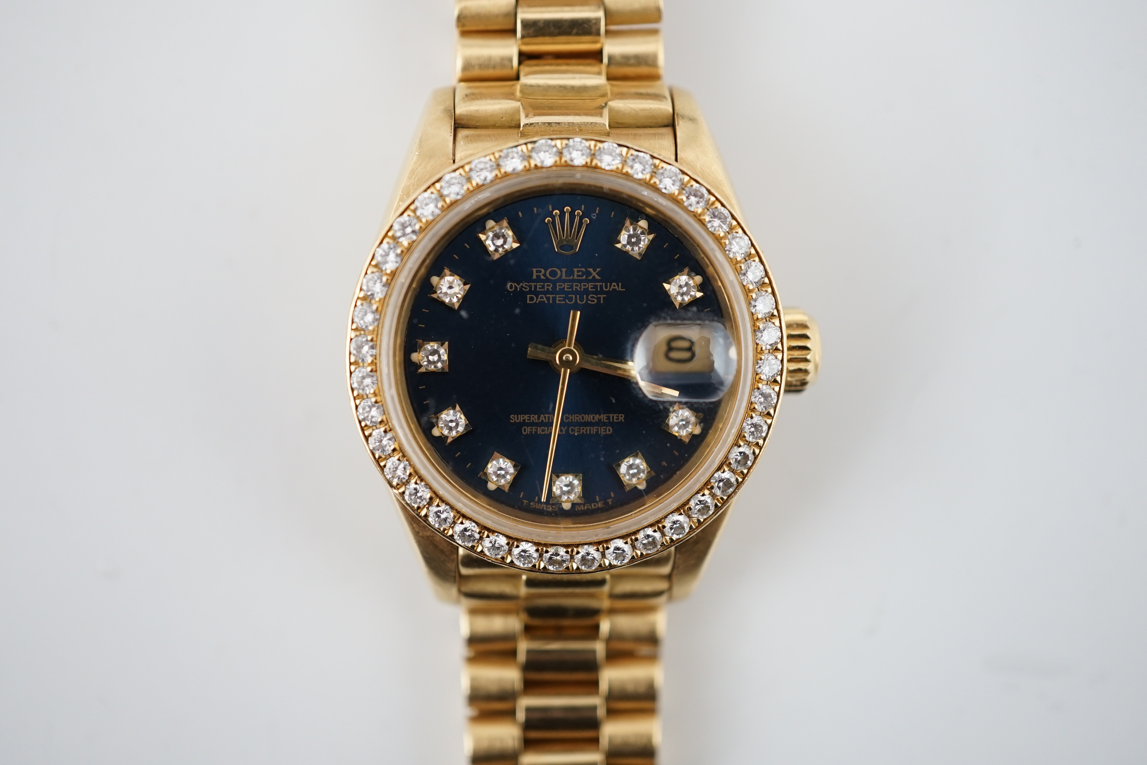 A lady's 1990 18ct gold and diamond set Rolex Oyster Perpetual Datejust wrist watch